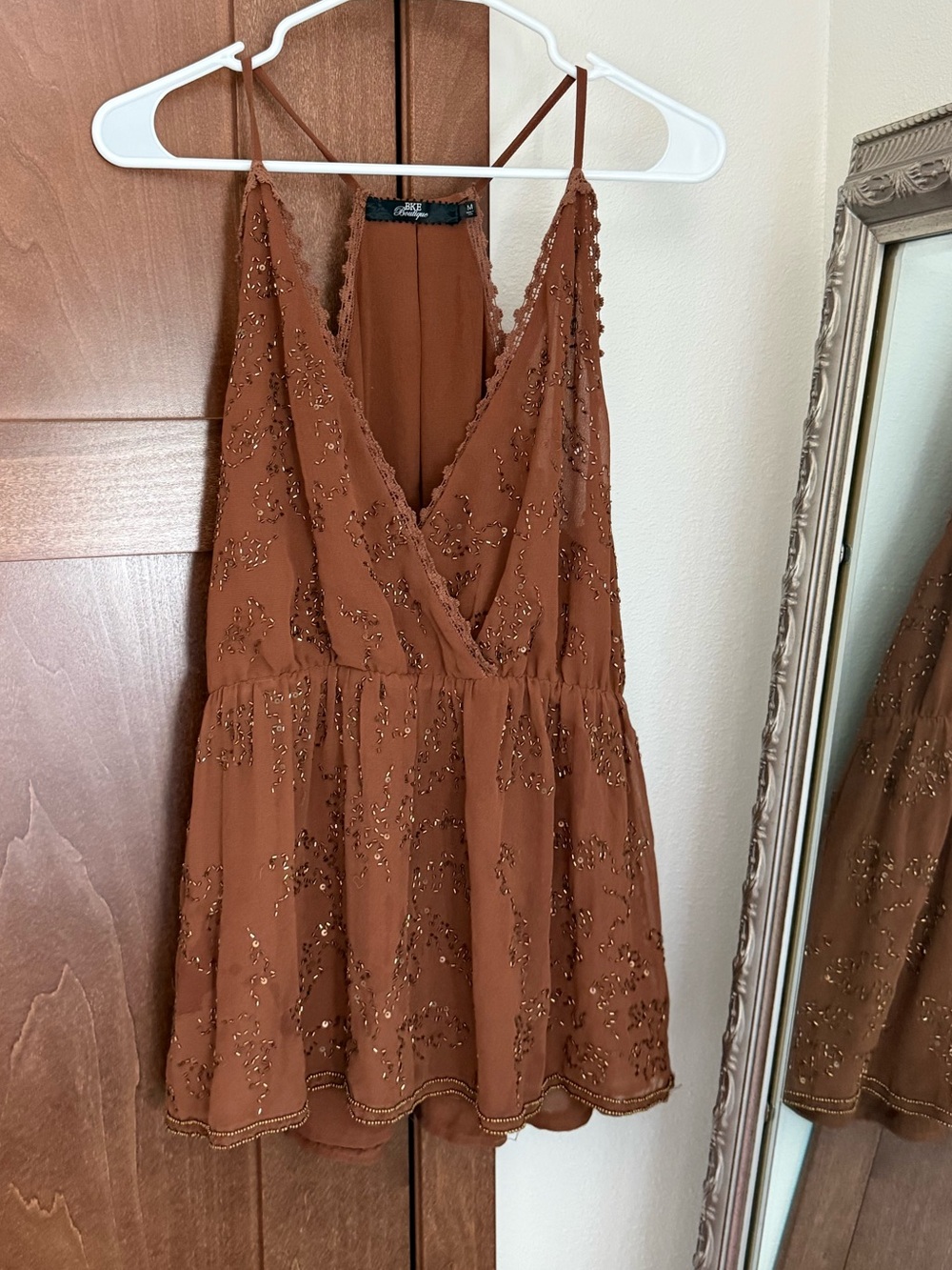 Beaded Rust Brown V-Neck Spaghetti Strap tunic tank